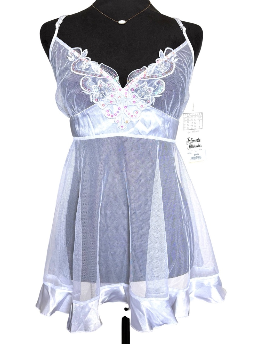 NWT Intimate Attitudes Women's 1x Sheer Babydoll Slip White Slip Dress Sequins